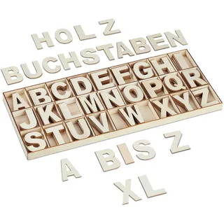 Relaxdays Holzbuchstaben Set, 208-tlg., Großbuchstaben A-Z, Deko-Buchstaben zum Basteln & Bemalen, mit Box, natur