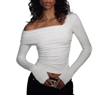ORANDESIGNE Damen Langarm T-Shirt T2K Unregelmäßige Patchwork Crop Tops Frauen Aushöhlen Neckholder Crop Camis mit Halbarmhandschuhen Schulterfrei Harajuku Tee Shirt