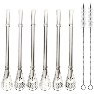 EvaGo Wiederverwendbare Edelstahl-Trinkhalme mit Filterlöffel, 6 Stück Yerba Mate Tea Bombilla Trinkhalme mit 2 Stück Reinigungsbürsten Set, 15,5 cm lang