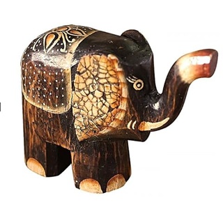 TEMPELWELT Deko Figur Elefant Yatta stehend 13x15 cm, Holz braun bemalt, Holzfigur Elefantenfigur Dekoelefant Statue Tierfigur handgefertigt aus Bali