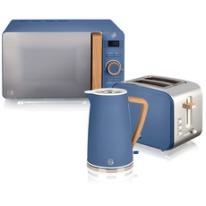 Swan Nordic Frühstücksset, Wasserkocher, 1,7 l, 2200 W, Breitschlitz-Toaster 2 Scheiben, digitale Mikrowelle 20 l, modernes Design, Holzoptik, Blau matt