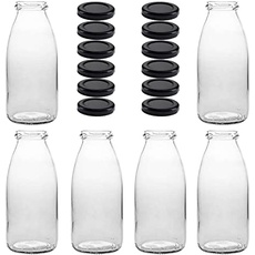 mikken 6 x Glasflasche 250 ml Saftflaschen mit Deckel schwarz + 6 Ersatzdeckel und 6 Etiketten