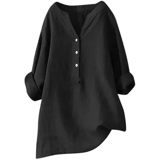 Musselin Bluse Damen - Elegant Tshirt V-Ausschnitt Leinenbluse mit Knöpfen Sommer Hemdbluse Baumwolle Oversize Oberteile Leinenhemd Langarmshirt