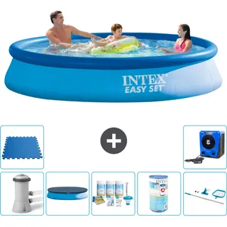 Intex runder aufblasbarer Easy Set-Schwimmpool – 366 x 76 cm – Blau – inklusive Pumpe Abdeckung - Wartungspaket - Filter - Reinigungskit - Bodenfliesen - Wärmepumpe