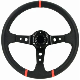 AUTO-STYLE Universal Sportlenkrad 'Deep-Dish - Ø350mm - Schwarz PU-Leder + Schwarze Speichen + Rote Streifen