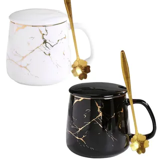 Kaffeetassen Set,2 Stück Tassen 380 ml aus Keramik,Espressotassen,Marmor Kaffeetassen für Tee Kaffee Milch Cappuccino,mit Löffe&Deckel,Frauen Geburtstage,Valentinstag, Muttertag,Hochzeit,Geschenke