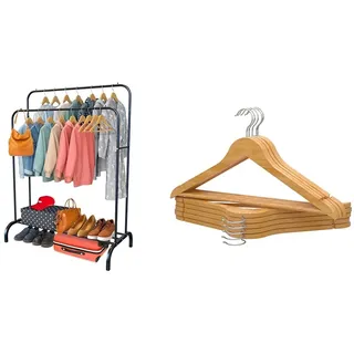 PORTENTUM Kleiderständer Stabil aus Stahl Schwarz mit Rollen und Doppelstange + 10 Kleiderbügel aus Holz Naturfarben mit Drehhaken | Premium-Lösung für Aufbewahrung und Stil