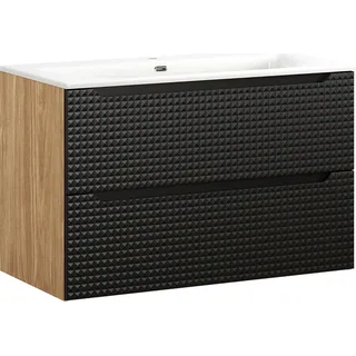 Waschtisch 90 cm in Eiche mit schwarz, LONDON-56-BLACK, mit Waschbecken - Schwarz