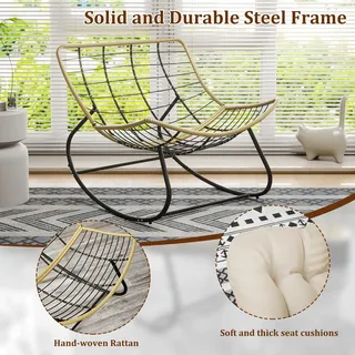 Übergroßer Schaukelstuhl aus Rattan in Eiform – Beige Sitzkissen – Für den Innen- und Außenbereich, wetterfest, aus PE-Rattan