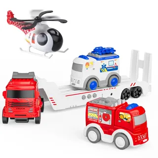 GizmoVine Autotransporter Spielzeug, LKW, Abschleppwagen mit 1 Krankenwagen 1 Feuerwehrauto 1 Hubschrauber, Reibungskraft Auto, DREI Warntöne, Geschenke für Kinder von 2 3 4 5 6 Jahren