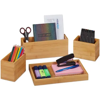 Relaxdays Schreibtisch Organizer, Set, Stiftehalter, Bambus Ablage, Stifteschale, für Büro Utensilien, Briefe, Natur