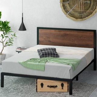 Zinus Mory Bett 160 x 200 cm – Höhe Bettgestell 30 cm – Bettgestell aus Metall und Holz mit Kopfteil – Braun