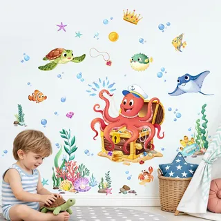 Supzone Wandtattoo Unter dem Meer Wandaufkleber Oktopus Meeresschildkröte Unterwasser-Schatzsuche Wandsticker Kinderzimmer Babyzimmer Badezimmer Wanddeko