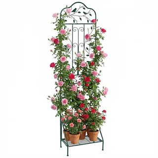 FANTASK 3-in-1 Metall Rankgitter, Freistehende Rankhilfe mit Sockel, Dekoratives Gartenzaun & Blumenregal für Kletterpflanzen, Blumen & Gemüse (Dunkelgrün)