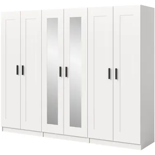 Inn.Furn Kleiderschrank in weiß 240 x 194 cm skandinavisch, Drehtürenschrank 6-türig mit Spiegel , Weiß , Holzwerkstoff , Nachbildung , 240x194x56 cm , Schlafzimmer, Kleiderschränke