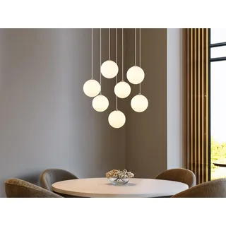Globo Lighting Hängeleuchte Metall Nickel matt, Glaskugeln opal, Kabel PVC schwarz, Höhe kürzbar, ø: 550mm, H: 1200mm, inkl. 7x G9 LED 3.5W 230V, 350lm Source, 310lm Output, 3000K - Silber