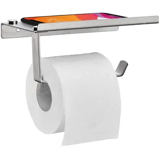 Relaxdays Toilettenpapierhalter, mit Ablage, Klopapierhalter Edelstahl gebürstet, Wandmontage, HBT 8x18x9,5 cm, silber