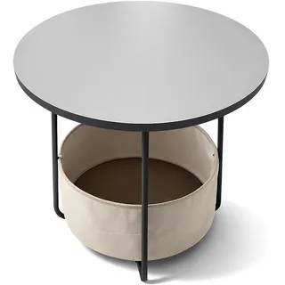 Relaxdays Beistelltisch, runder Couchtisch, mit Stoffkorb, HD 50x45 cm, Kaffeetisch Wohnzimmer, MDF & Metall, grau-Creme