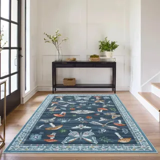 CAROMIO Teppich Wohnzimmer 140x200 cm mit Schmetterlings- & Pilz-Design, Waschbarer & Rutschfester Kurzflor-Bodenbelag, Weicher Teppich für Schlafzimmer Kinderzimmer, Marineblau