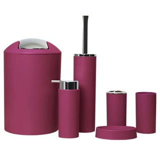 6tlg Badset Badezimmer Zubehör Set Organizer: Seifenspender, Zahnputzbecher, Kosmetikeimer, WC Bürste und Halter, Seifenschale, Mülleimer, Zahnbürstenhalter, Badgarnitur (Magenta Design 2a)