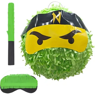Relaxdays Pinata Ninja, mit Stab & Maske, Partypinata Kinder, für Geburtstag, Schlagpinata zum Befüllen, Ø 25 cm, grün