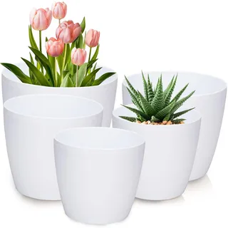 PECZEKO Blumentopf Glänzende, 5er-Set blumenkübel, 12/13/15/18/21 cm Pflanzkübel aus Übertopf Kunststoff Topf für, groß und klein Pflanzen, 5er-Set blumenkübel kräutertopf, Weiß