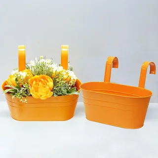 River - CJ 2 Stück Metall-Blumentöpfe, Metalleimer, Blumentöpfe, Zauneimer, hängender Blumentopf für drinnen und draußen, Aufbewahrungseimer in Küche oder Bad, Abnehmbarer Haken (orange)