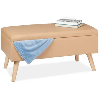 Relaxdays Sitzbank mit Stauraum, 40 L, gepolstert, Holzbeine, Truhenbank Kunstleder, HxBxT: 40 x 80 x 39,5 cm, beige