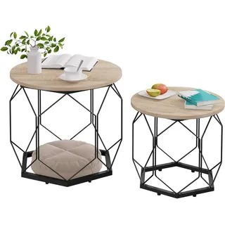 WOLTU Couchtisch 2er Set, mit runder Tischplatte, aus Holzwerkstoff Metall, Holzoptik : Helle Eiche + Schwarz Farbe: Helle Eiche + Schwarz - Hellbraun
