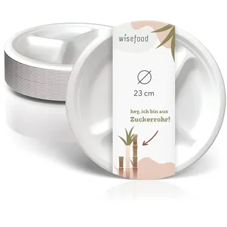 wisefood Bagasse Teller, 50 Stück 3-Fach tiefe Einwegteller rund ø 23cm, Ideal als Partyteller oder Menüteller, Biologisch abbaubares Zuckerrohr Geschirr