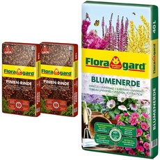 Floragard Mulch Pinienrinde 25-40 mm 2x60 L • grob • dekorativer Bodenbelag • unterdrückt Unkrautwuchs • naturbelassen • für mediterranes Flair • 120 L & Floragard Blumenerde, 40 Liter