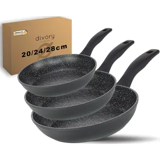 DIVORY Pfannenset 3-teilig Pfanne 20, 24, 28cm Induktion – Antihaft Beschichtete große Universalpfanne für alle Herdarten - Sichere Griffe, Spülmaschinen geeignet (Griff: Schwarz)