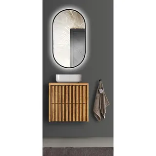Badmöbel Set modern 2-teilig Eiche Desio-107 mit LED Spiegel, Aufsatzwaschbecken - Braun