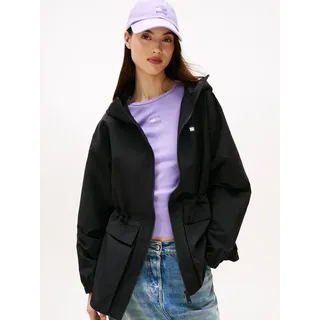 Windbreaker TOMMY JEANS "TJW MIDI HOODED WINDBREAKER", Damen, Gr. M (38), schwarz, Web, Obermaterial: 100% Polyamid, unifarben, elastischer Bund, Jacken Windbreaker