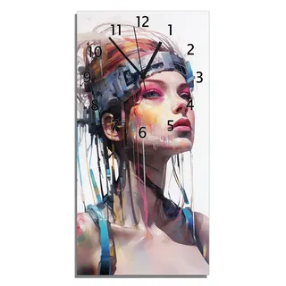 Wallario Design Wanduhr Digitale Visionärin aus Echtglas, Größe 30 x 60 cm - Weiß