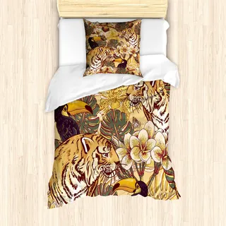 ABAKUHAUS Tiger Mantele, Tropical Bengal Toucan, Milbensicher Allergiker geeignet mit Kissenbezügen, 135 cm x 200 cm - 80 x 80 cm, Erde Gelb Dunkelblau - Gelb