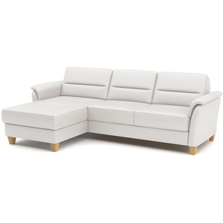 CAVADORE Leder-Eckcouch Palera mit Longchair / Landhaus-Sofa mit Federkern, Bettfunktion + Bettkasten / 244 x 89 x 163 / Leder Weiß