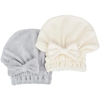 MAYOUTH Mikrofaser Handtuch Haare Super saugfähig 2 Stücke Kopfhandtuch Haarturban Haarhandtuch Schnelltrocknend Turban Geschenke für Damen & Mädchen Grau + Weiß