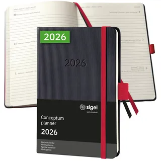 Sigel Wochenkalender 2026 ca. A6 schwarz, rot, 1 St. Anzahl der Seiten: Gummiband, Stiftschlaufe, Archivtasche, aus nachhaltigem Papier, Kalenderbuch Conceptum