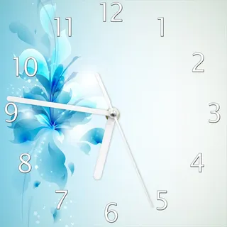 Wallario Design Wanduhr Blaues Blumenbuket aus Echtglas, Größe 20 x 20 cm - Weiß