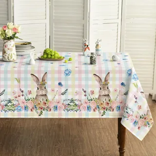 Artoid Mode BüffelKaro Hase Blumen Blätter Ostern Tischdecke 140x110 cm, Saisonnal Frühling Fleckschutz Tischwäsche Küche Dekoration Party Dekor