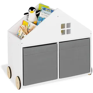 PINOLINO Regal Hus – Bücherregal Kinder 6 Fächer, weißes Kinderbücherregal fürs Kinderzimmer, Kinderregal in Haus Optik, Spielzeugregal mit gummierten Holzrädern, ab 3 Jahren