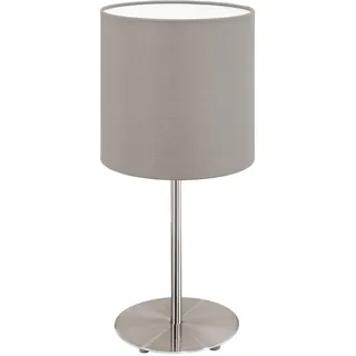 EGLO Tischlampe Pasteri, 1 flammige Textil Tischleuchte, Nachttischlampe aus Metall in Silber und Stoff in Taupe, E14 Fassung, inkl. Schalter, H 27,5 cm