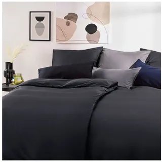 Blumtal Mako Satin Bettwäsche 135 x 200 & 40x80 cm Kissenbezug Schwarz - Oeko Tex Zertifizierte Satin Bettwäsche aus 100% Baumwolle - edler Bettbezug Glanzoptik 135x200 Satin mit Reißverschluss