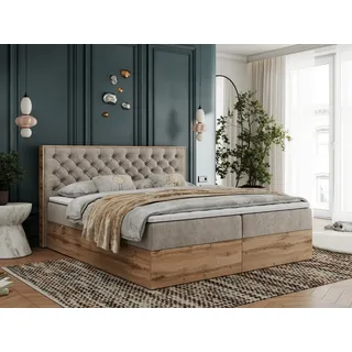 MKS Meble Boxspringbett, Deko, Doppelbett, Polsterbett mit Bettkästen und Multipocket-Matratze, Eiche Wotan holzrahmen - Albero-3 - 200x200cm - Beige Struktur - H3 - Beige