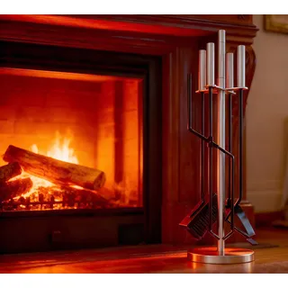 Kingson Modernes Kaminbesteck 5-teilig - Griffe & Ständer aus Edelstahl - inklusive Bürste, Schürhaken, Zange, Schaufel - Eisenwerkzeuge - Kaminwerkzeugset für Holzofen, Herd, Feuerstelle - H65cm