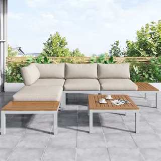 Komfortables Garten-Lounge-Set aus Edelstahl und Kunststoffholz, mit grauem Stoffbezug und massiver Akazie, 2 Zweisitzer, 2 Beistelltische, 1 Tisch, Beige - Beige