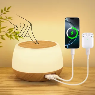 Nachttischlampe mit 20W Ladefunktion, LED Nachttischlampe Touch Dimmbar mit 9 Farben & 3 Modi, Holzmaserung LED Tischlampe, Tischlampe mit Ladefunktion Timing & Memory für deko Wohnzimmer Schlafzimmer