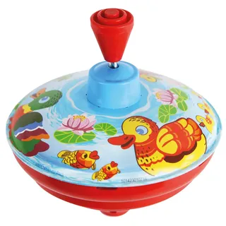 Lena 52410 Brummkreisel Enten Ø 14 cm, Metall Schwungkreisel aus Blech, klassischer Pumpkreisel, Blechkreisel mit Tier Motiv, Kreisel mit Standspitze, Spielzeugkreisel für Kinder ab 18 Monate Bunt