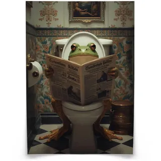 Muralo Poster für WC Badezimmer Frosch in Toilette Retro Zeitung Abstraktion 30x40cm , Grün, Braun, Weiß, Beige, Grau, Schwarz , Papier , Tiere, Abstrakt , Rechteckig , 30x40x40 cm , Bilder & Rahmen, Bilder, Sonstige Wandbilder